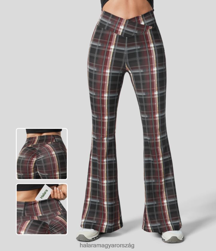 aktív ruházat Halara magas derekú crossover hátsó zsebben rovátkolt kockás szuper flare jóga leggings vulkáni vörös rács nők 8FPF80308