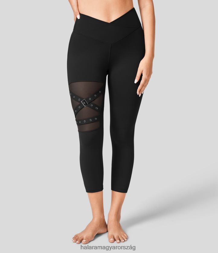 aktív ruházat Halara magas derekú crossover kontraszt hálós dekoratív csatos jóga capri leggings fekete nők 8FPF801554