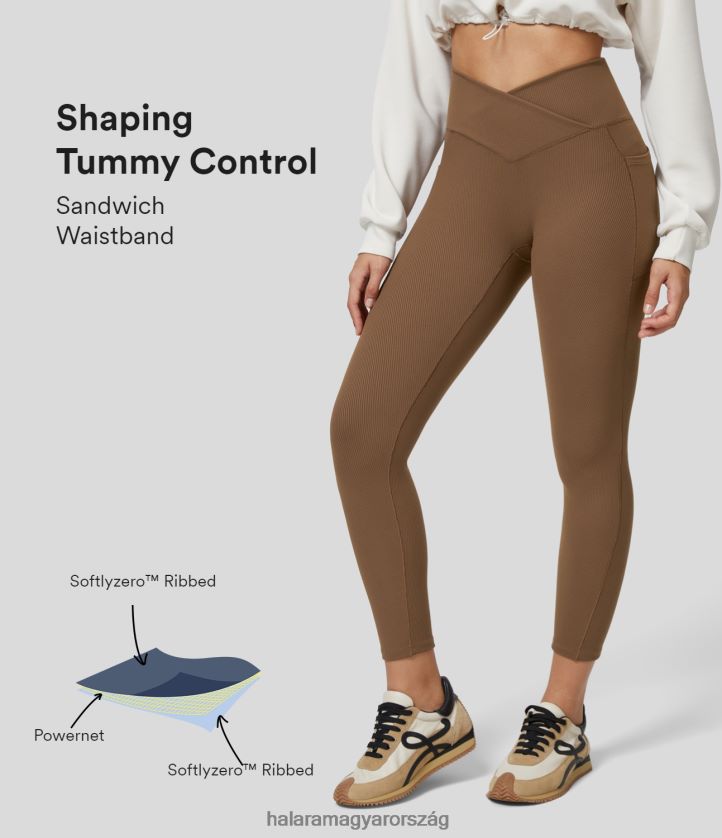aktív ruházat Halara softlyzero bordázott magas derekú haskontroll crossover oldalzseb sima jóga 7/8 leggings karamell nők 8FPF801466