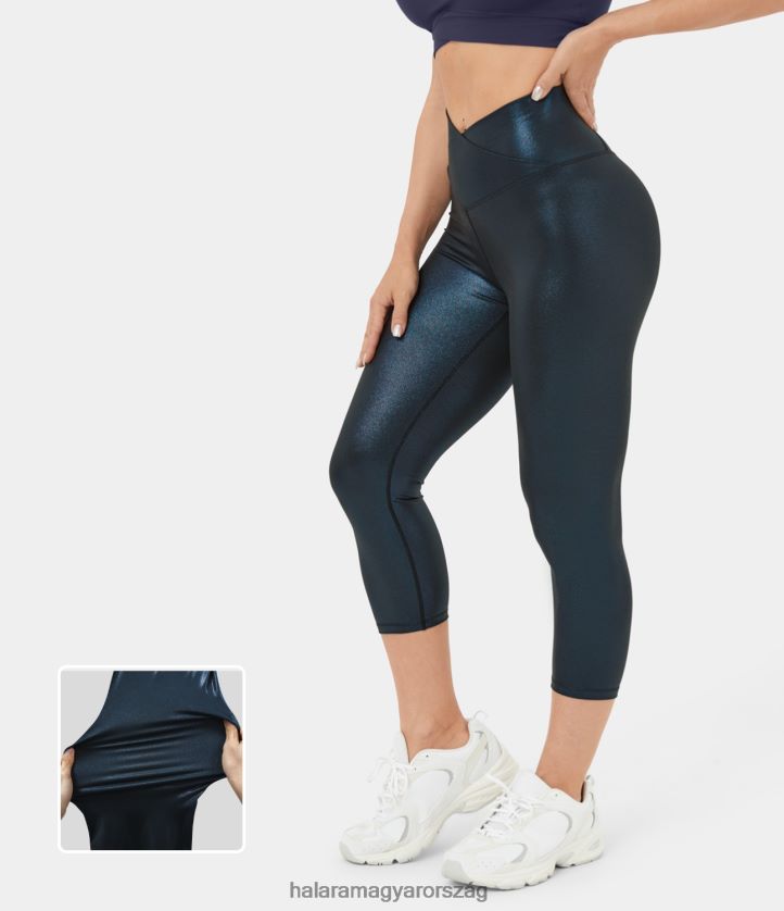 aktív ruházat Halara softlyzero műbőr crossover hátsó zseb fóliamintás sztreccs jóga capri leggings fényes éjkék nők 8FPF801515