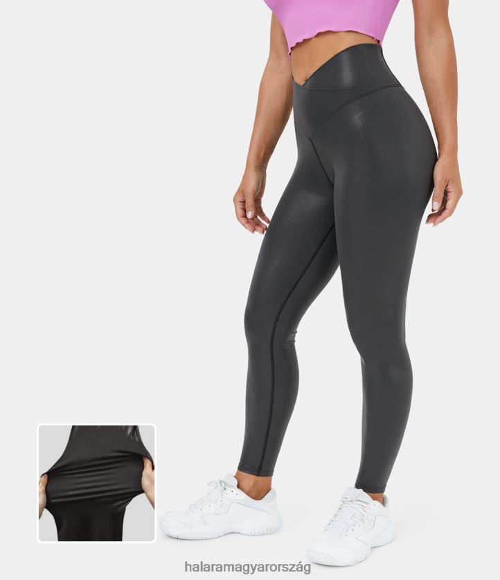 aktív ruházat Halara softlyzero műbőr crossover hátsó zsebes fóliamintás rugalmas alkalmi leggings fényes alkonyfekete nők 8FPF801502