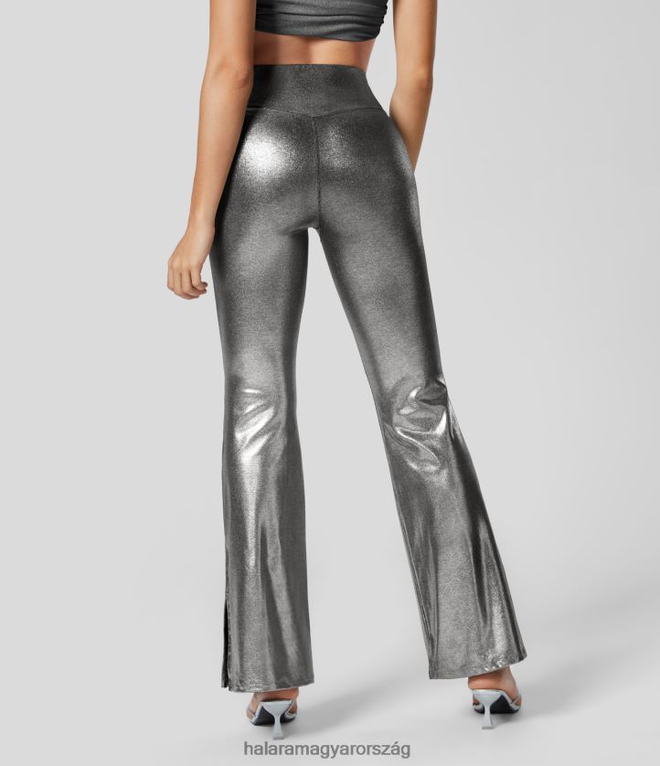 aktív ruházat Halara softlyzero műbőr crossover magas derekú oldalzseb osztott szegély teljes hosszúságú fémfólia mintás rugalmas party flare leggings fényes fekete ezüst nők 8FPF80376