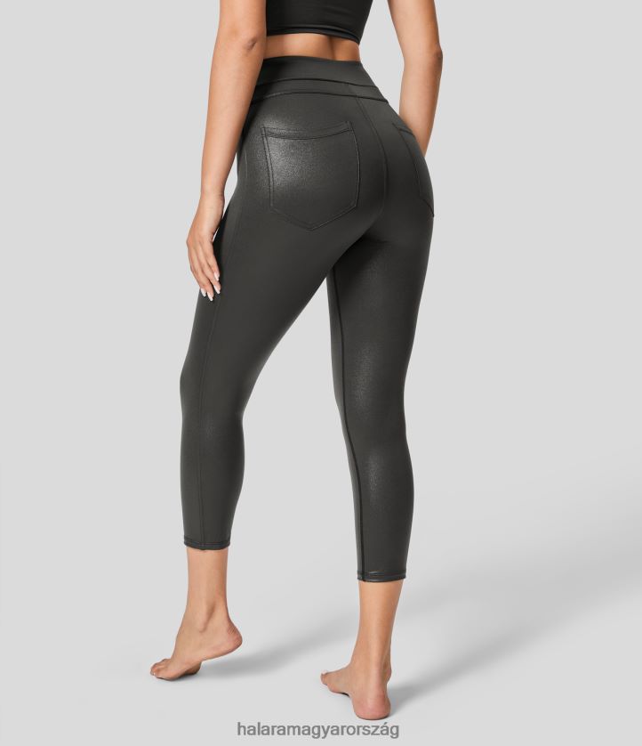 aktív ruházat Halara softlyzero műbőr magas derekú hátsó oldalzseb fóliamintás rugalmas capri jóga leggings fényes alkonyfekete nők 8FPF801541