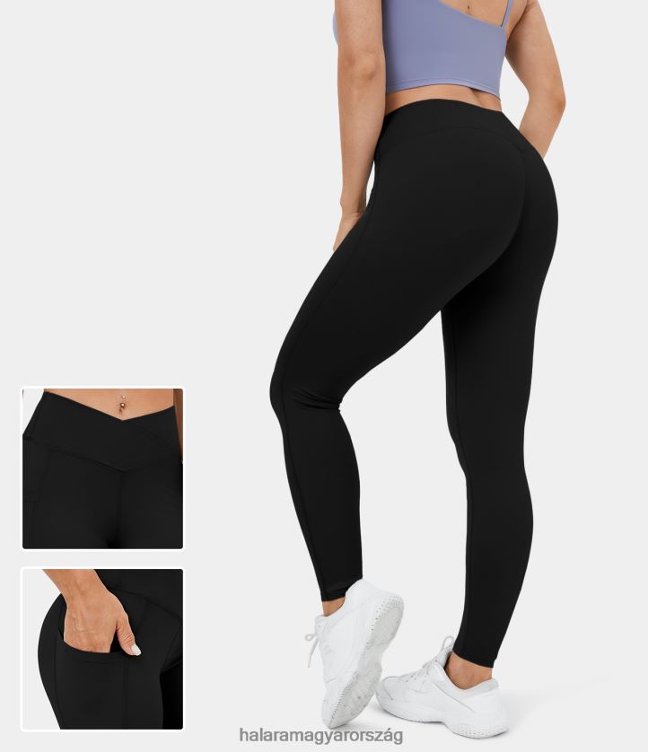 aktív ruházat Halara softlyzero magas derekú crossover oldalzseb jóga 7/8 leggings fekete nők 8FPF801479