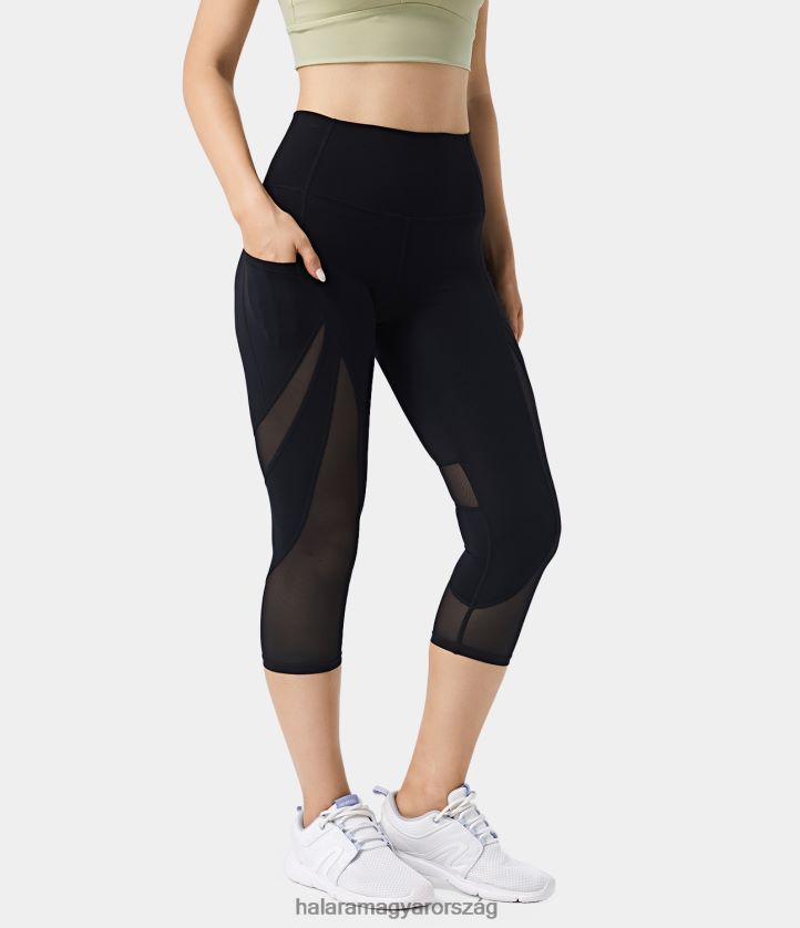 aktív ruházat Halara softlyzero magas derekú kontrasztos hálós oldalzseb sima capri leggings fekete nők 8FPF801510