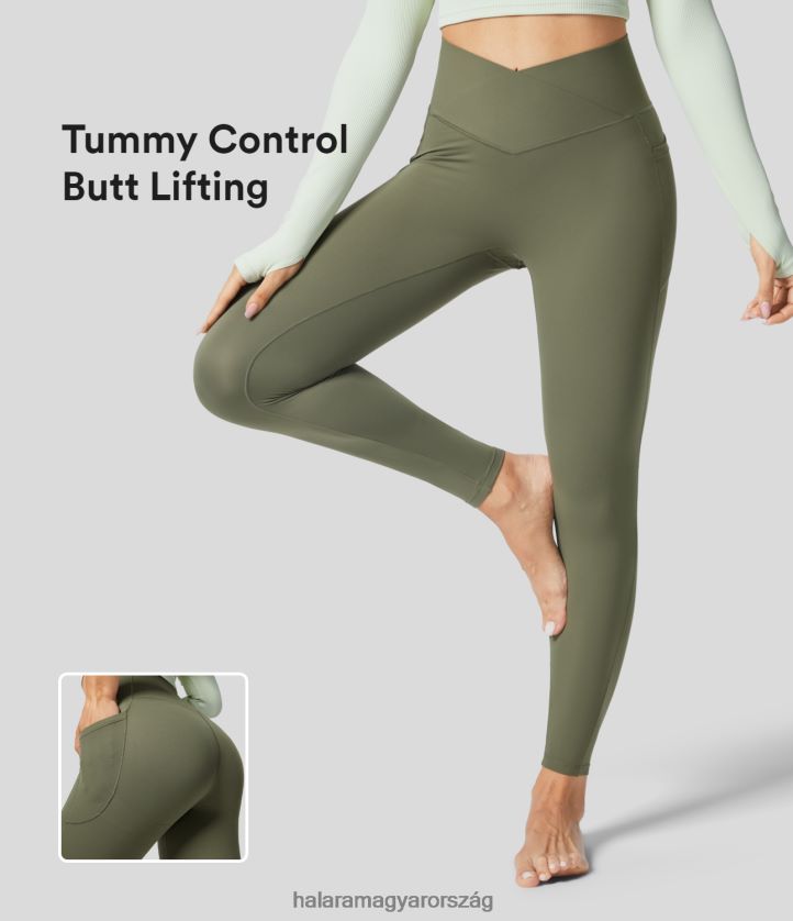 aktív ruházat Halara ultrasculpt magas derekú crossover haskontroll popsi emelő oldalzseb jóga 7/8 leggings fű szürke zöld nők 8FPF801560