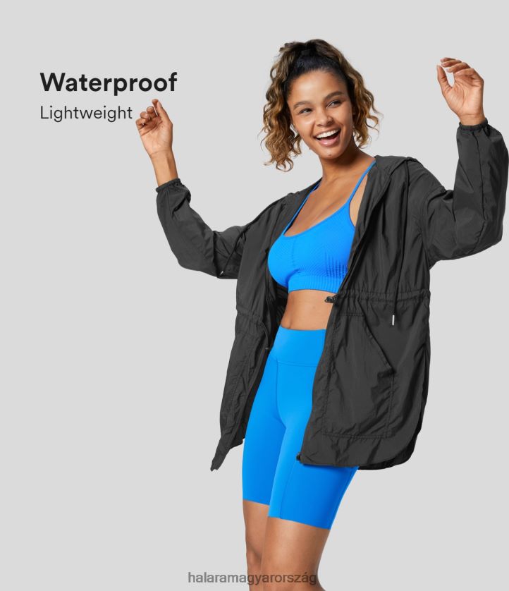 aktív ruházat Halara könnyű vízálló kapucnis állítható húzózsinóros derekas zseb ívelt szegéllyel cipzáras túradzseki fekete nők 8FPF802031