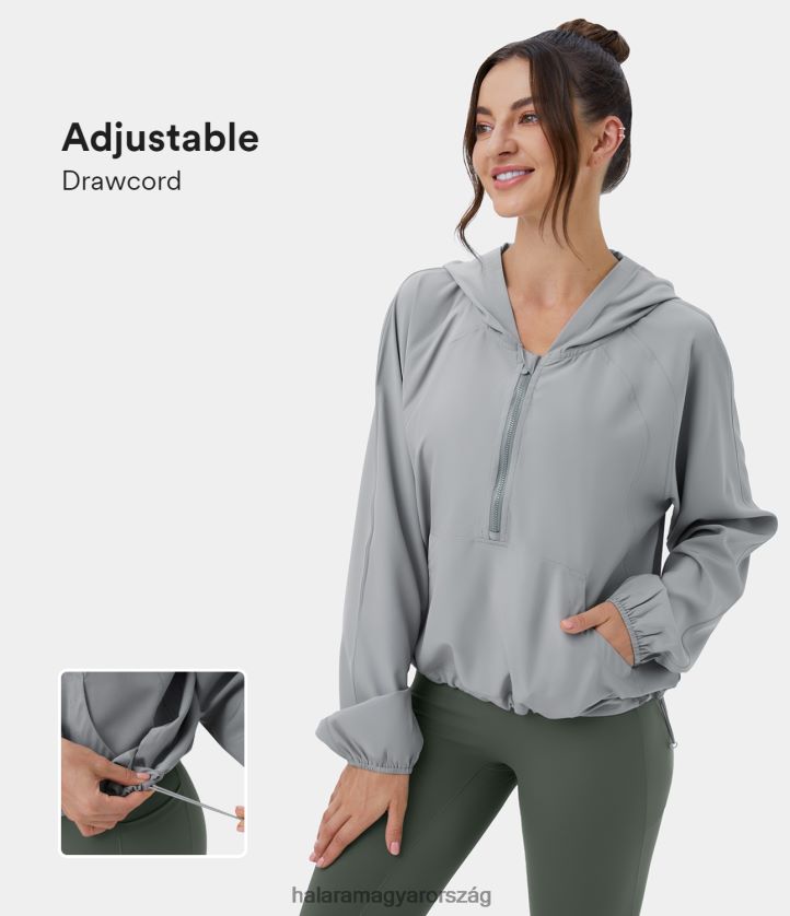 aktív ruházat Halara kapucnis félcipzáras kenguru zsebes húzózsinóros jógadzseki ezüst nők 8FPF802041