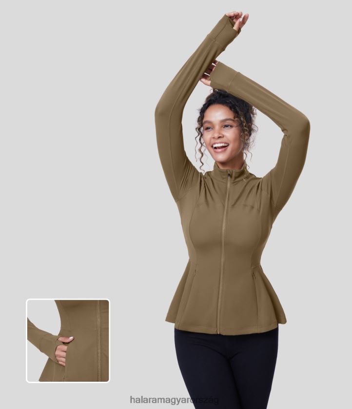 aktív ruházat Halara softlyzero hosszú ujjú hüvelykujj lyukas oldalzseb cipzár fodros szegély vékony jóga kabát gesztenyebarna nők 8FPF802030