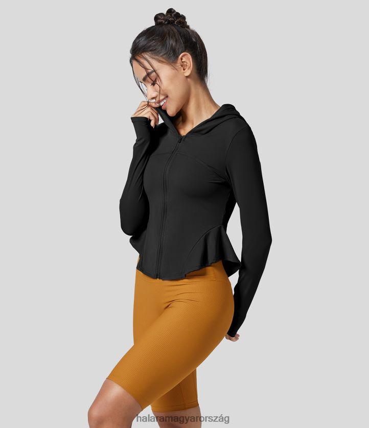 aktív ruházat Halara softlyzero légies cipzár hosszú ujjú hüvelykujj lyukas fodros szegély kapucnis vékony hideg érintésű jóga kabát fekete nők 8FPF802039