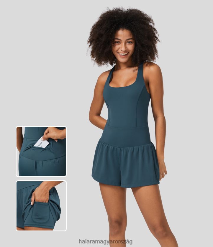 aktív ruházat Halara négyszögletes nyakú, csavart könnycsepp 2 az 1-ben hátul és oldalsó zsebes jóga kombiné majolika kék nők 8FPF802097