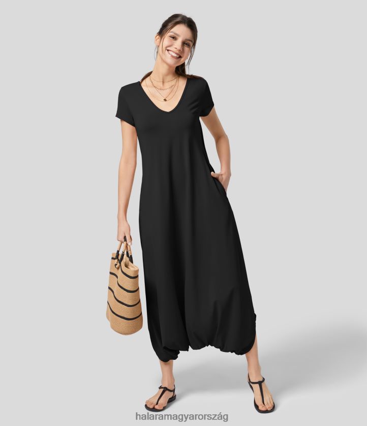 aktív ruházat Halara v nyakú, rövid ujjú, keresztezett oldalzsebű, ejtőernyős üdülőruházat fekete nők 8FPF802084