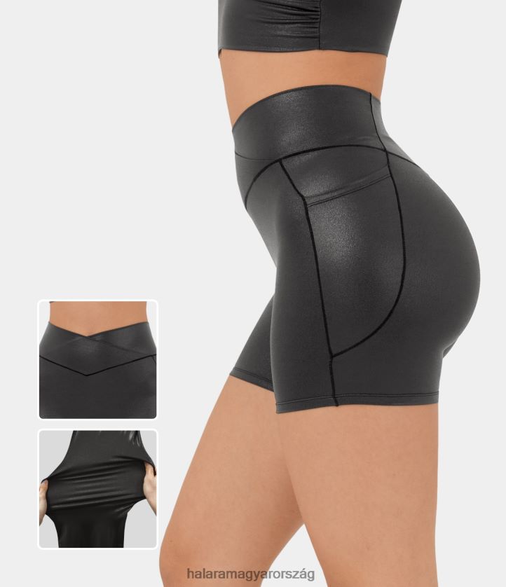 aktív ruházat Halara softlyzero műbőr magas derekú crossover oldalzseb fóliamintás rugalmas alkalmi motoros rövidnadrág 5" fényes alkonyfekete nők 8FPF801297