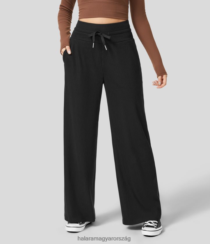 aktív ruházat Halara bordázott kötött, magas derekú húzózsinóros oldalzseb széles szárú alkalmi nadrág fekete nők 8FPF80227