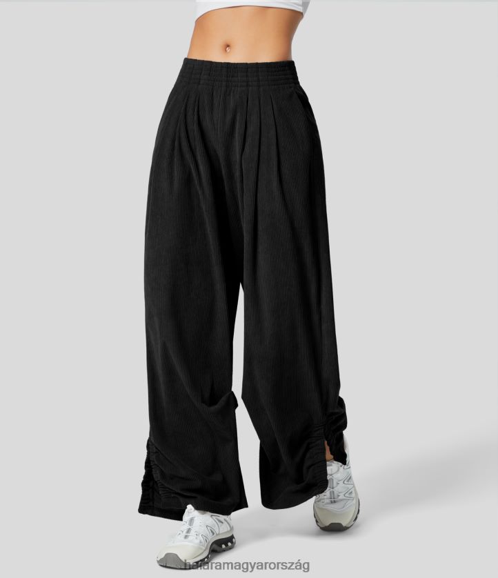 aktív ruházat Halara középen emelkedő rugalmas derékrész oldalzseb rovátkolt osztott szegéllyel kordbársony alkalmi széles szárú nadrág fekete nők 8FPF80183