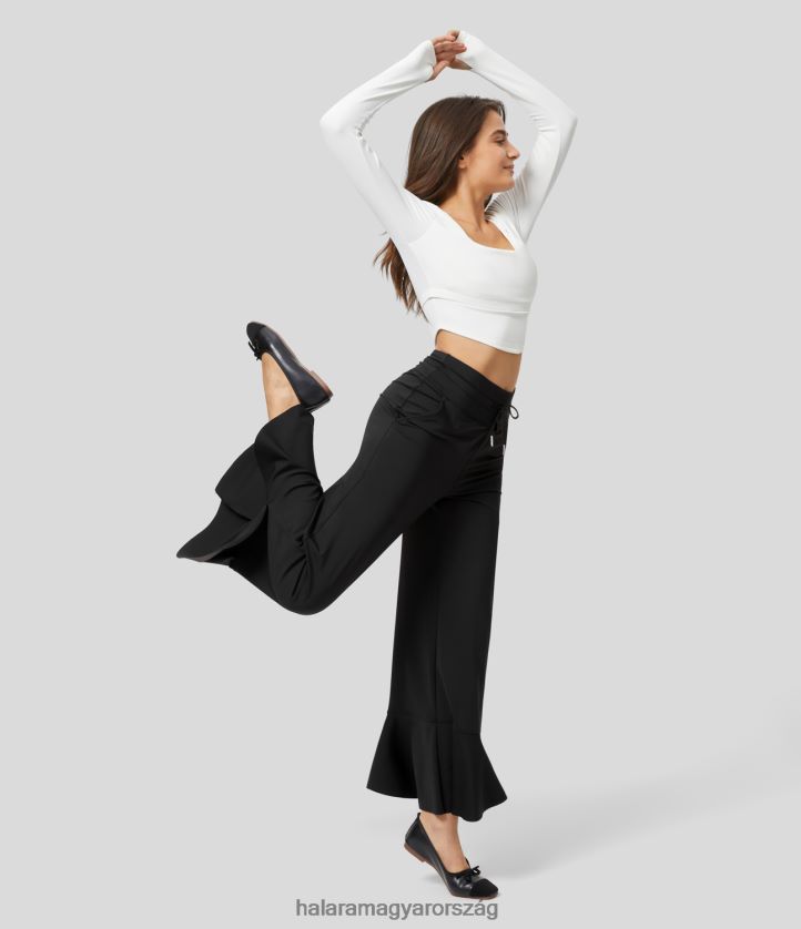 aktív ruházat Halara magas derekú húzózsinóros oldalzseb fodros tömör széles szárú táncnadrág fekete nők 8FPF80191