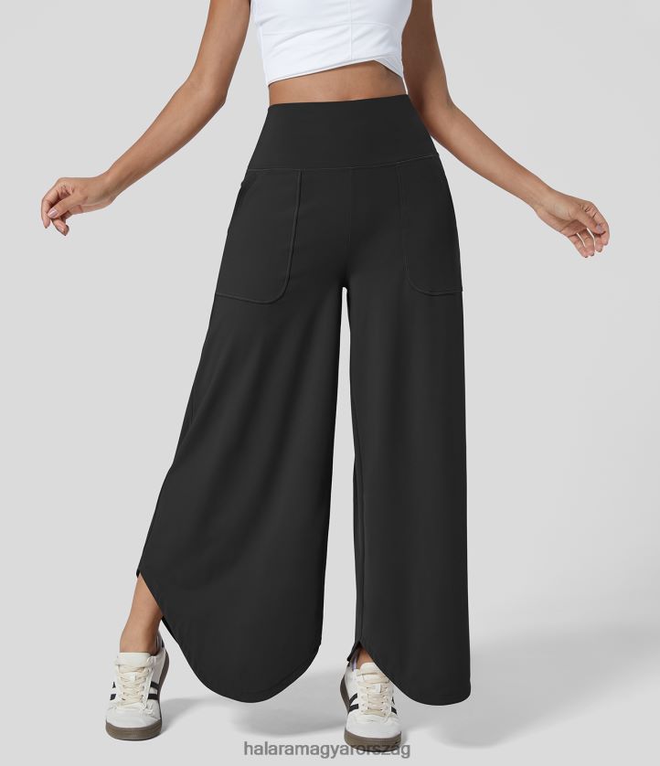 aktív ruházat Halara magas derekú, több zsebbel ívelt szegélyű, széles szárú táncnadrág fekete nők 8FPF80192