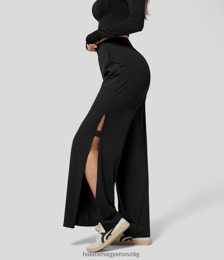 aktív ruházat Halara softlyzero eco magas derekú oldalzseb osztott széles szárú jóganadrág fekete nők 8FPF80194