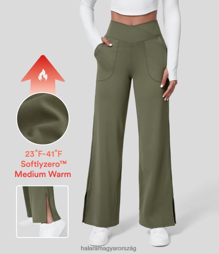 aktív ruházat Halara softlyzero gyapjú magas derekú crossover oldalzseb osztott szegélyű széles szárú jóganadrág fű szürke zöld nők 8FPF80205