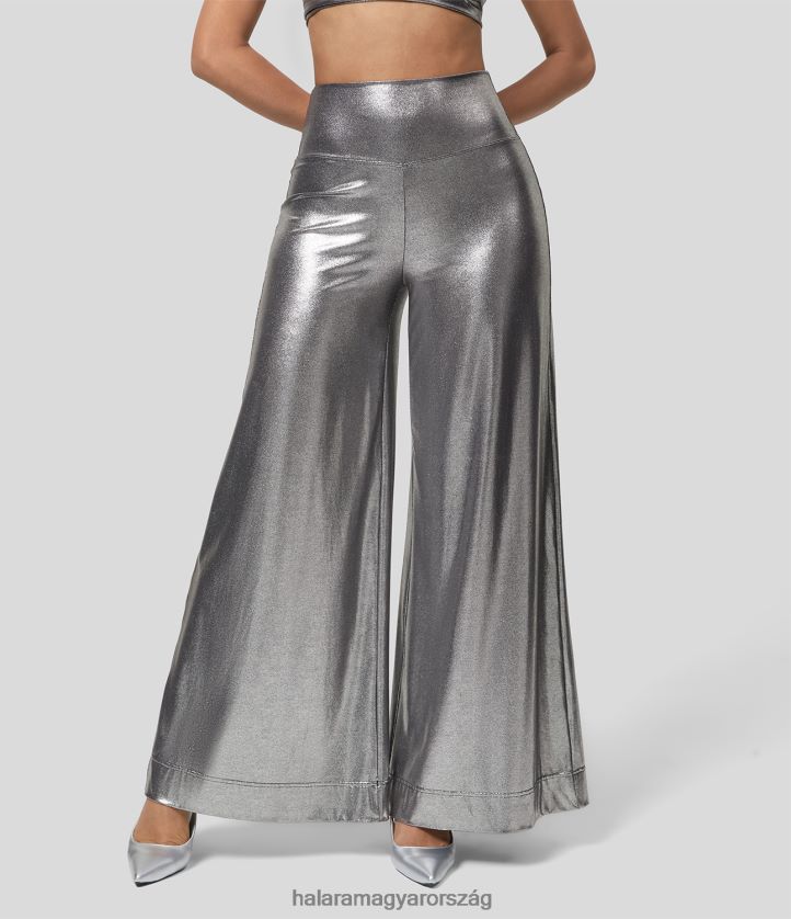 aktív ruházat Halara softlyzero műbőr magas derekú széles szárú metál fóliamintás sztreccs party nadrág fényes fekete ezüst nők 8FPF80206