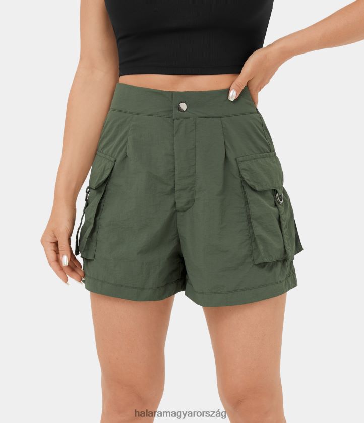 aktív ruházat Halara magas derekú gombos, cipzáras szárnyas zseb hétköznapi teherhordó nadrág 3'' mély tea zöld nők 8FPF80236