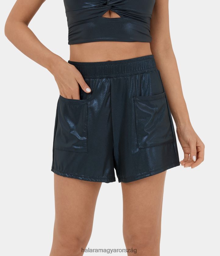 aktív ruházat Halara softlyzero műbőr magas derekú oldalzseb fóliamintás rugalmas alkalmi rövidnadrág 3'' fényes éjkék nők 8FPF801548