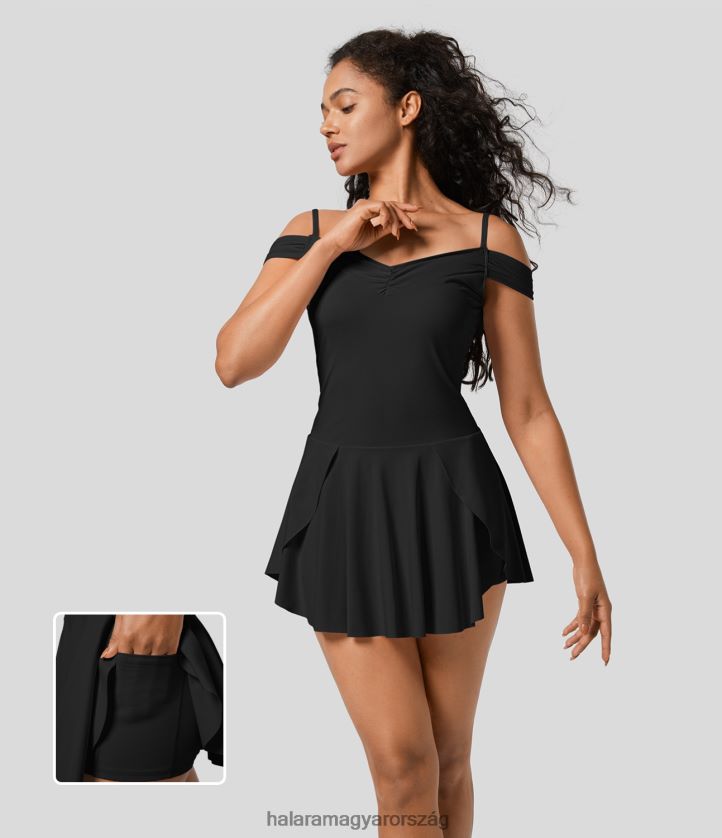 aktív ruházat Halara Háttámla nélküli 2 az 1-ben oldalzsebből rétegzett flare mini dance aktív ruha fekete nők 8FPF80876
