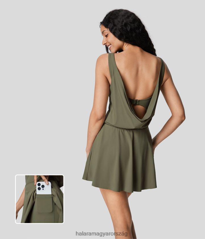 aktív ruházat Halara drapírozott háttámla g-hook 2 az 1-ben oldalzsebű mini dance aktív ruha fonnyadt zöld nők 8FPF80801
