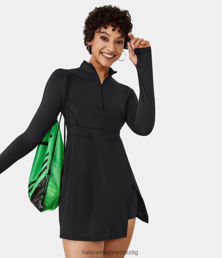 aktív ruházat Halara félcipzáras hüvelykujj lyukas 2 részes zsebes tenisz aktív ruha fekete nők 8FPF80776