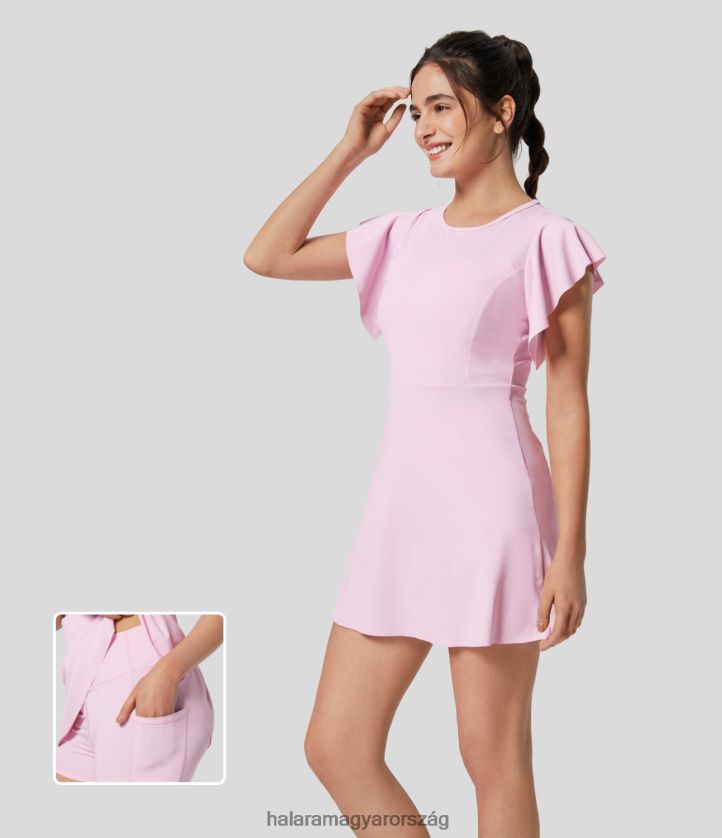 aktív ruházat Halara fodros rövid ujjú 2 részes oldalsó zsebes flare mini jóga aktív ruha bölcső rózsaszín nők 8FPF80845