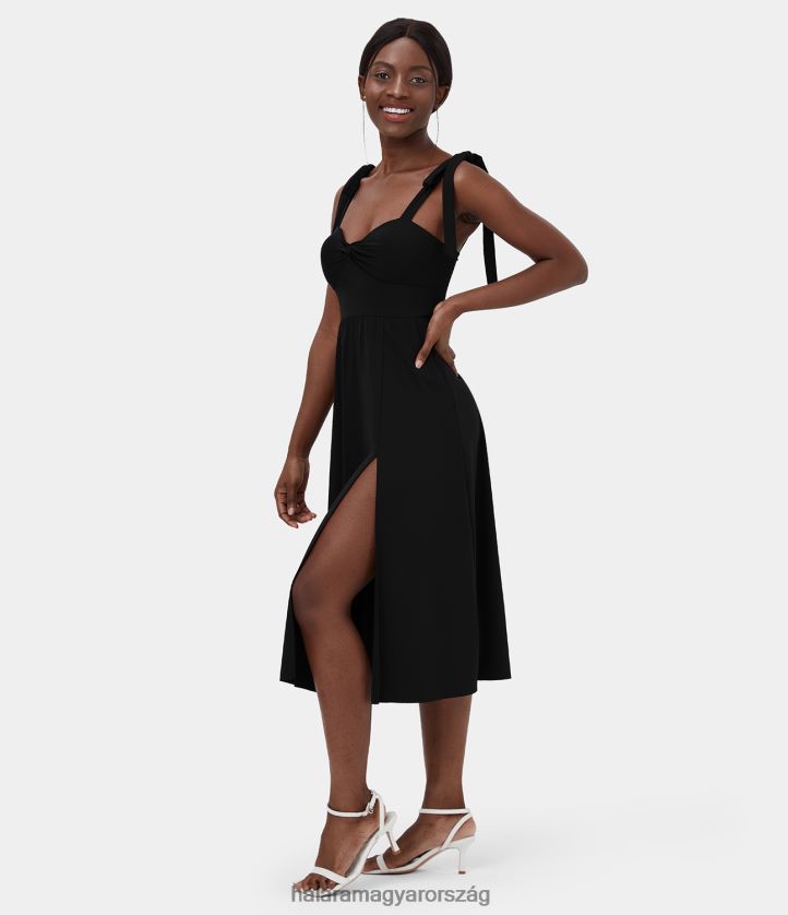 aktív ruházat Halara hát nélküli nyakkendő oldalán csavart oldalzseb osztott szegélyű midi slip dance aktív ruha fekete nők 8FPF80944