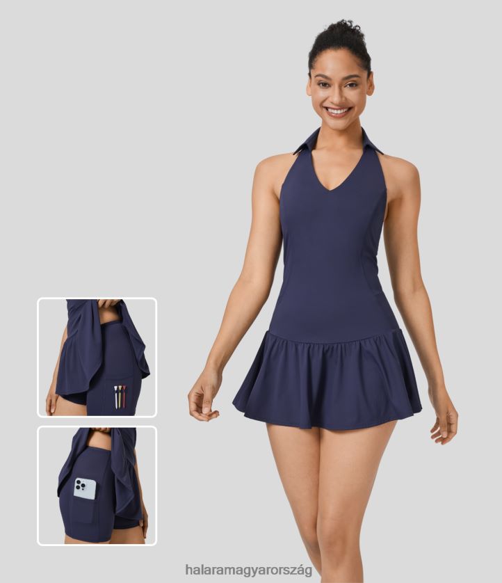 aktív ruházat Halara kötőfék hát nélküli fodros szegély 2 részes zseb mikro gyorsszáraz golf aktív ruha-golf pólózseb hajnali lila nők 8FPF80907