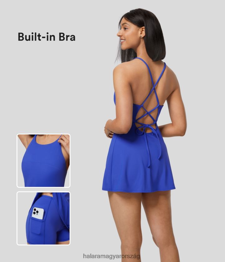 aktív ruházat Halara állítható pántos háttámla fűzős 2 részes szett zsebes mini slip alkalmi ruha őszirózsa kék nők 8FPF80866