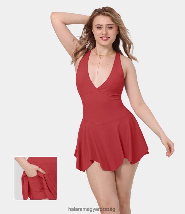 aktív ruházat Halara mély, v nyakú versenyhátú 2 az 1-ben oldalsó zsebben lobogó mini alkalmi ruha salsa nők 8FPF80805