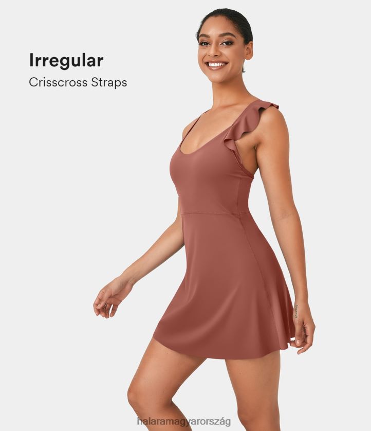 aktív ruházat Halara softlyzero légies fodros hát nélküli, keresztezett 2 az 1-ben zsebben hűvös tapintású mini jóga aktív ruha etruszk vörös nők 8FPF80935