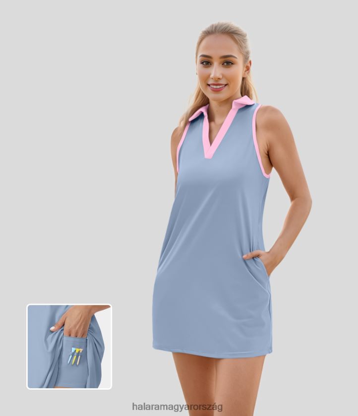 aktív ruházat Halara softlyzero légies gallér zseb színes blokk 2 részes cool touch mini golf aktív ruha-golf póló zseb chambray kék nők 8FPF80810