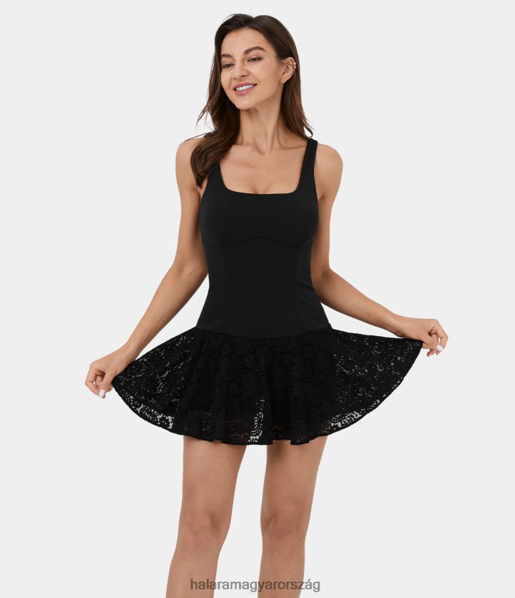 aktív ruházat Halara softlyzero légies háttámla csavart kontraszt csipke 2 az 1-ben flare mini cool touch dance aktív ruha fekete nők 8FPF80958