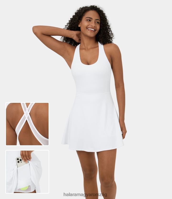 aktív ruházat Halara softlyzero légies háttámla nélküli, keresztezett kontrasztos hálós 2 az 1-ben zsebes mini cool touch tenisz aktív ruha fehér nők 8FPF80889