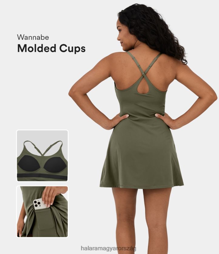 aktív ruházat Halara softlyzero plüss háttámla nélküli állítható pánt 2 az 1-ben zsebben egy vonalas mini tenisz aktív ruha fű szürke zöld nők 8FPF80850