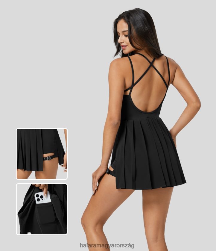 aktív ruházat Halara szellős háttámla redőzött 2 az 1-ben zsebben gyorsan száradó mini jóga aktív ruha fekete nők 8FPF80818