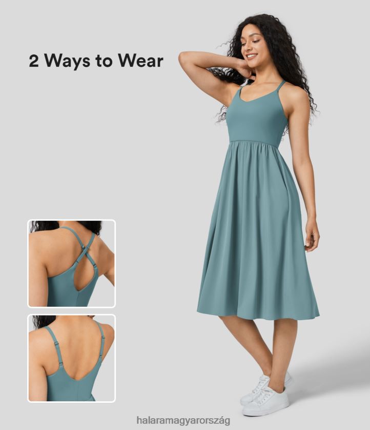 aktív ruházat Halara szellős, állítható pánttal rendelkező, háttámla nélküli zsebes flowy midi csúszású, gyorsszáraz aktív táncruha kő kék nők 8FPF80790