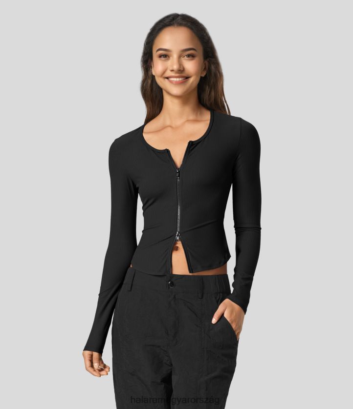 aktív ruházat Halara bordás környakú 2 irányban cipzáras hosszú ujjú jóga sportfelső fekete nők 8FPF801874