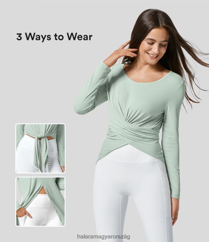 aktív ruházat Halara bordázott környakú hosszú ujjú, átlós szegélygombos tömör jóga sportfelső legszebb jáde nők 8FPF801903