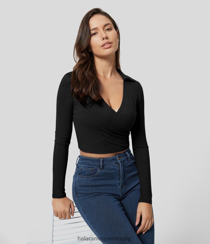 aktív ruházat Halara bordázott, kötött, hosszú ujjú, keresztezett szegély, dörzsölt tömör, rövidített alkalmi sportfelső fekete nők 8FPF801929