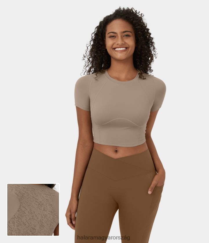 aktív ruházat Halara kerek nyakú, rövid ujjú jacquard vágott jóga sportfelső mandula nők 8FPF801889