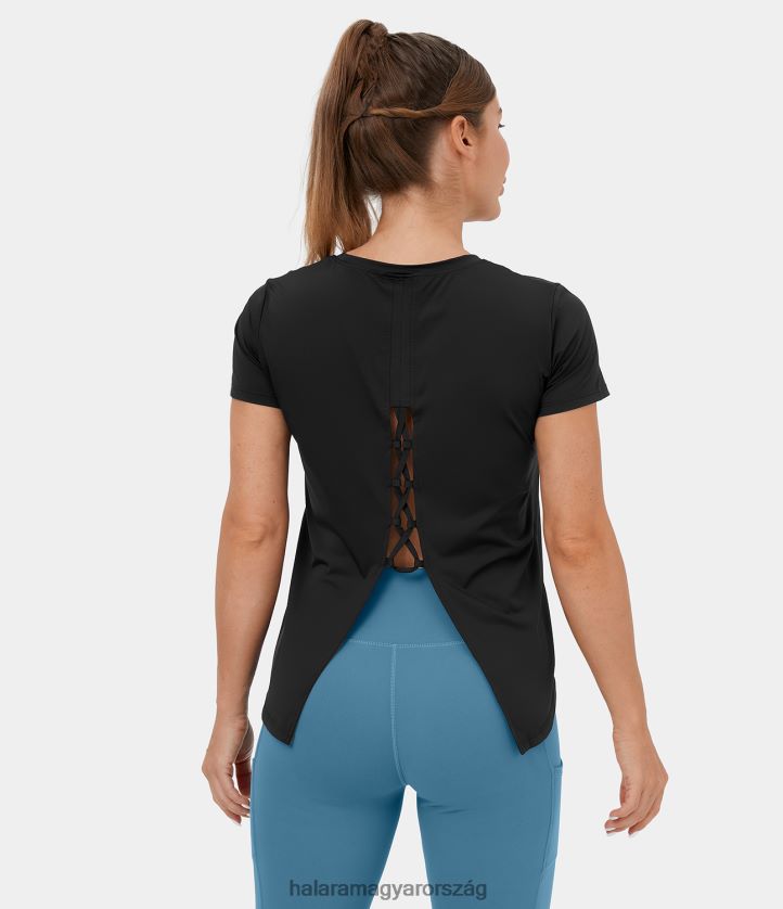aktív ruházat Halara kerek nyakú rövid ujjú keresztben osztott nyakkendős jóga sportfelső fekete nők 8FPF801856