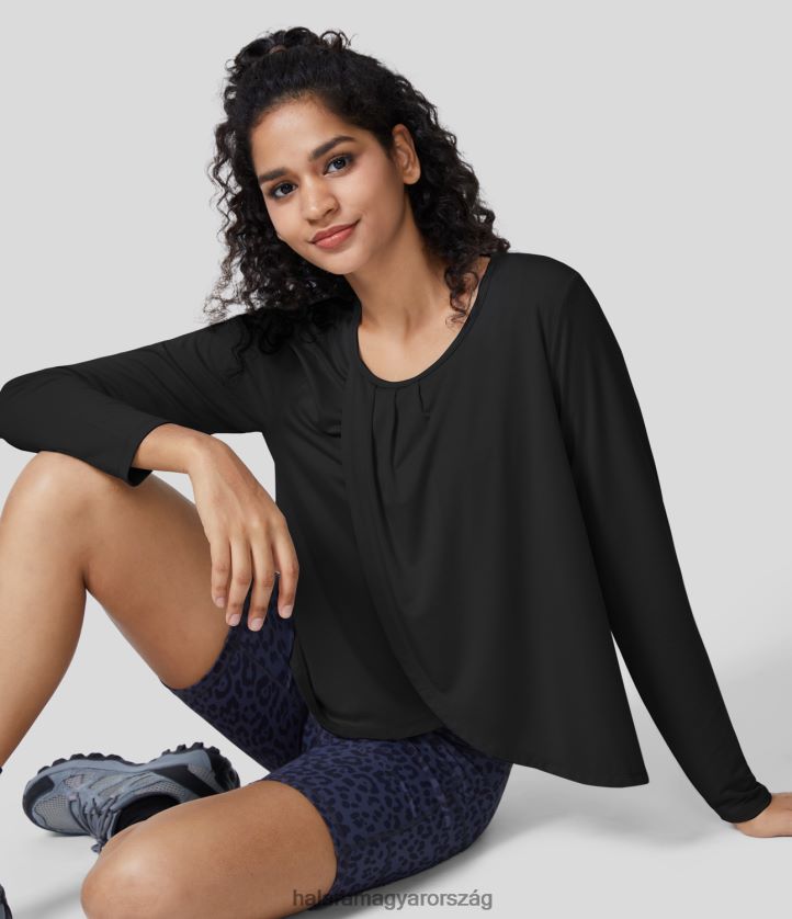 aktív ruházat Halara kerek nyakkivágású, hosszú ujjú, keresztezett szegélyű, drapírozott jóga sportfelső fekete nők 8FPF801872