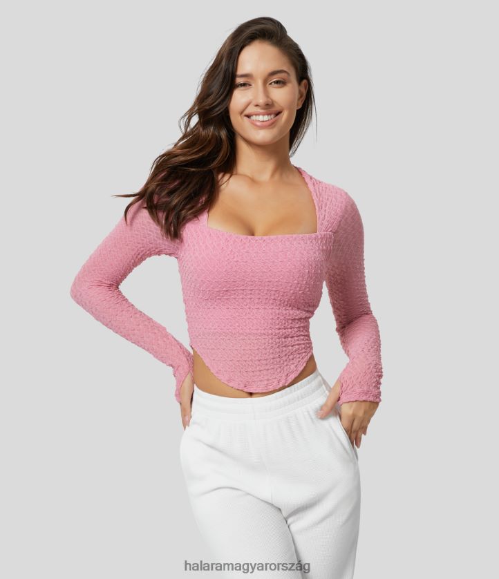 aktív ruházat Halara négyzet alakú nyakú, hosszú ujjú hüvelykujj lyukkal ívelt szegély kontraszt hálós tömör jóga sportfelső púder rózsaszín nők 8FPF801927