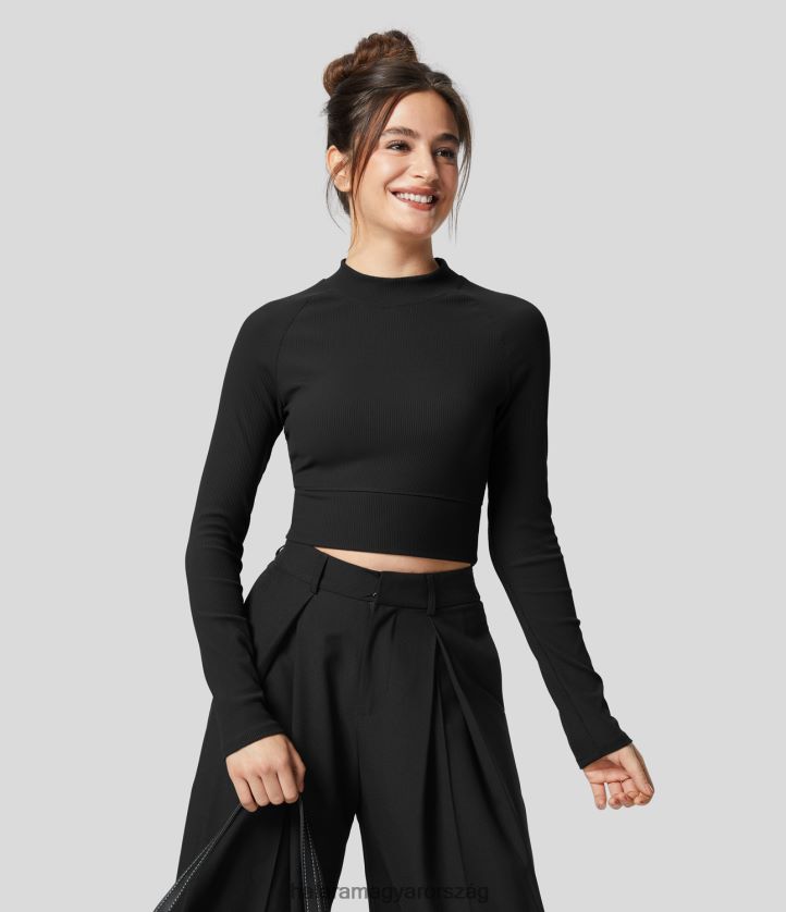 aktív ruházat Halara softlyzero bordás álnyakú hosszú ujjú, rövidített alkalmi sportfelső fekete nők 8FPF801802