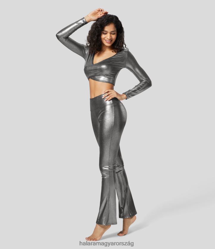 aktív ruházat Halara softlyzero műbőr mély v nyakú crossover szegély hosszú ujjú vágott fém fóliamintás rugalmas party sport felső fényes fekete ezüst nők 8FPF801546